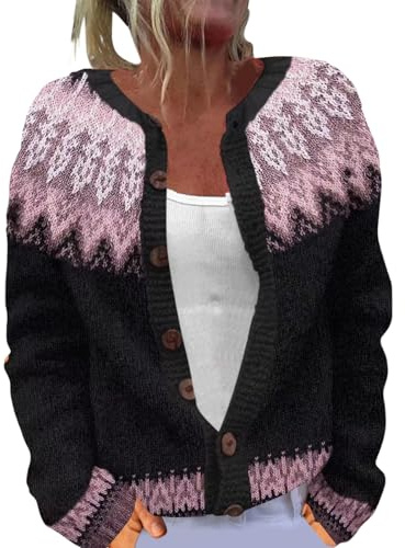 Cardigan en Laine pour Femme-Chic Et Élégant Cardigan Surdimensionné avec Boutons-Chaud et Color-Ethnique Imprimé-Vestes Douillette-Vestes épaisse et Chaude-Veste en Laine-Pull en Tricot épais Y2k