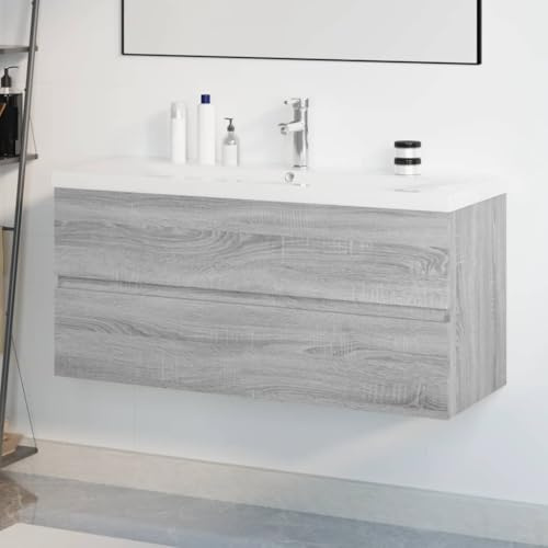 NiuBIKeLasI Washbasin Cabinet with Built-In Basin, Grey Sonoma Wood Material, 100 cm Wide, Bathroom Furniture Set, Wall Mounted, Lots of Storage Space