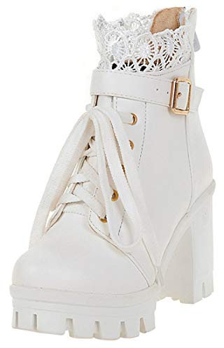 High Heels Ankle Boots Plateau Stiefeletten mit Blockabsatz Schnürung und 10cm Absatz Winter Schuhe (Weiße,39)