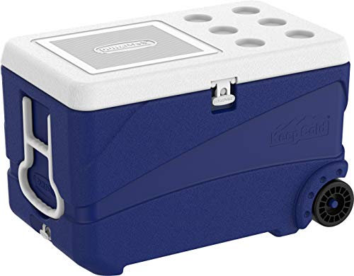 Duramax Deluxe Kühlbox 80L Hochleistungs-Kühlbox mit PU-Isolierung, Kühlbox mit ergonomischen Griffen und Rädern für einfache Mobilität und Handhabung, Becherhalter am Deckel, Kühlbox, Blau