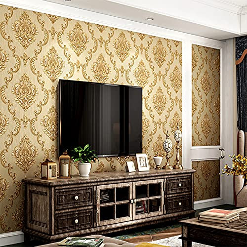 Q QIHANG European Style 3D Damask PVC Wallpaper Living Room Bedroom TV Background Wall 20.87 Wx393.7 L Non-Pasted (Brown)