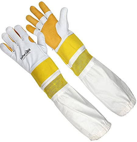 SAFTA Premium Quality Leather Beekeeping Gloves, Bee keepers Gloves for Professionals, Ventilated Long Sleeves, Elastic Cuffs Sting Proof Bee Glove, Thorn proof Gardening Work Gloves. XS to3XL (2XL)