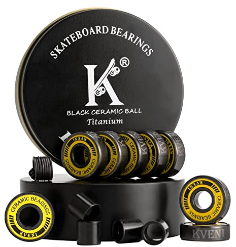 KVENI ABEC 9 Skateboard Bearings - Premium 608rs Ceramic Ball Bearings with Titanium Coating - Fast Spin Longboard Bearings Set (8-Pack + Washers + Spacers)