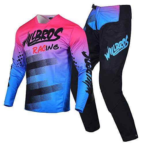 Willbros Pantalones de Camiseta de Motocross Traje for Hombres Adulta Fuera del Camino Bicicleta Sucia Juego de Engranajes MX Mujeres Montando Azul Rosado (Jersey L Pants 34)