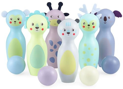 Mamabrum Holz-Bowling-Set für Kinder – Tierfiguren, Motorikspielzeug, 6 Kegel und 4 Kugeln, langlebig und sicher, perfekte Indoor-Aktivität, pädagogisches Spielzeug