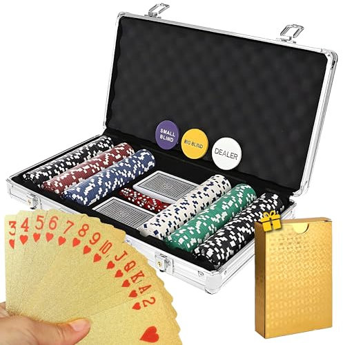 KRESI Poker - Pokerkoffer - Pokerset mit goldenen Karten - Koffer mit 300 Chips + Würfel + 3 Kartendecks 1 Gold
