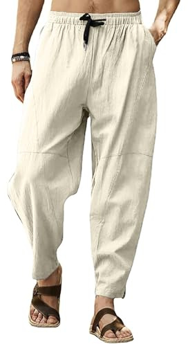 MakingDa Mens Baggy Cotton Trousers Casual Summer Yoga Beach Lounge Drawstring Wide Leg Harem Pants