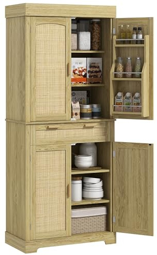 HOMCOM Credenza Cucina Alta in Stile Boho con 2 Armadietti e un Cassetto, Mobile Cucina con Portaspezie in Legno e Rattan, 76x40x183cm, Rovere