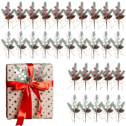 canddy 30Pack Artificial Pine Picks, 6inch Flocked Holly Christmas Red and White Berry Picks Stems, Christmas Picks and Sprays Faux Floral Picks with Pinecones for DIY Gift Floral Arrangements