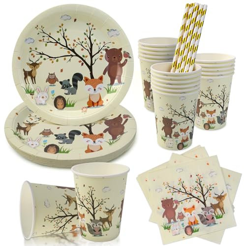 VZXZXE Juego de 64 vajilla para fiesta de animales del bosque, decoración de cumpleaños, fiesta de la selva, cubiertos de cumpleaños infantiles, incluye platos, servilletas, tazas, pajitas (para 16