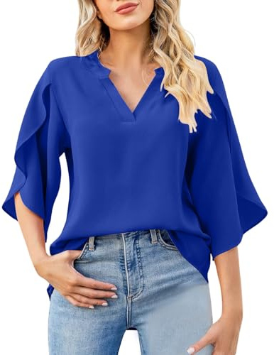 Chemisier Femme Chic et élégant Manche Courte Volant Blouse Mousseline de Soie Femme col en v Fluide et Ample Tops Couleur Unie LâChe Respirant Chemisier de Soirée Business Haut (BU2, XL)