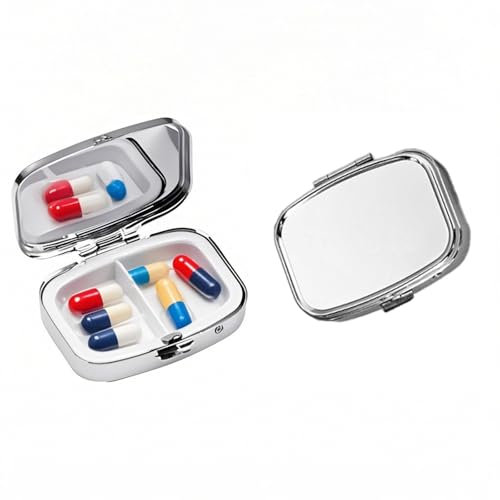 2 Stück Pillendose Klein Unterwegs,tablettenbox,kleine tablettendose aufbewahrungsbox,Metall mit Fächern,Mini Silber,metallbox-behälterTragbare Tabletten Box,Medikamentenbox Nahrungsergänzungsmittel