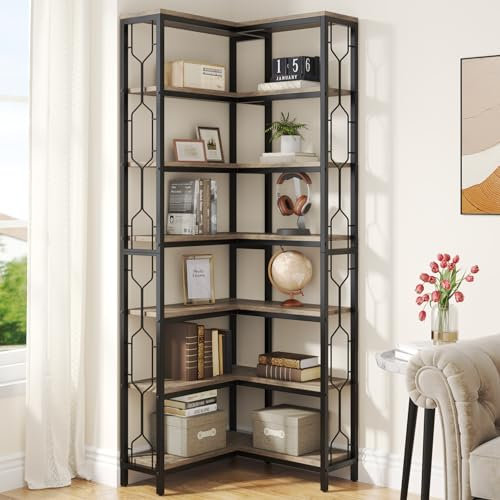 Corner Bookshelf - 7-Tier Industrial Etagere Shelf, Freestanding Wood and Metal Bookcase for Living Room, Kitchen, Home Office Storage Solution
