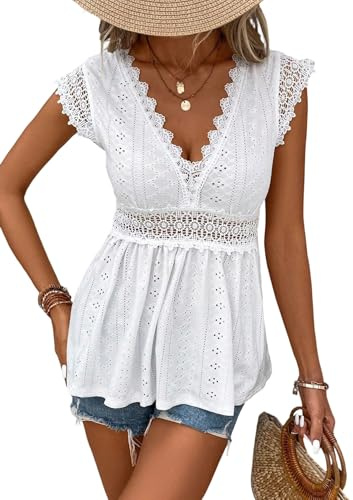 GORGLITTER spetsblus damer elegant blusskjorta med spets sommar outfit spetströja V-ringad blustopp damblusar, Vit, L