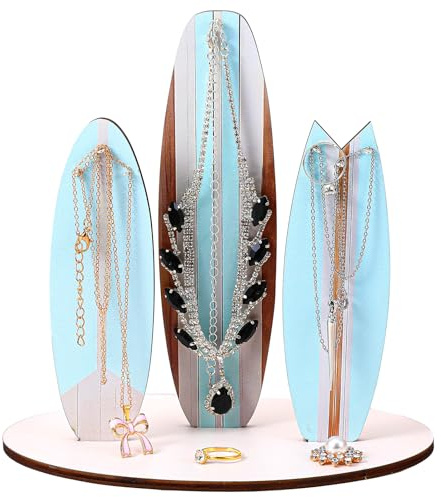 DIVINA VITAE Jewelry Organizer Stand, Cute Coastal Ocean Surfboard Decor, Preppy Beach Themed Room Decor Aesthetic, Coastal Dedroom Decoration Wooden Hawaii Surfer Gift for Teen Girls(Blue)