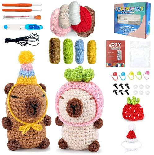 Juego de ganchillo para principiantes, animales de crochet, 2 piezas, juego de ganchillo Capybara, kit de inicio con curso de vídeo en inglés, paso a paso, agujas de gancho de hilo, crochet, ganchillo