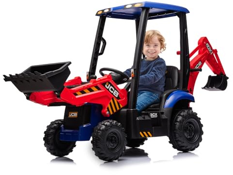 Garvee Escavatore Elettrico 4 in 1 JCB 12V per Bambini - Telecomando, Sedile Regolabile, Pala Anteriore, Funzione Digger, Pneumatici EVA, Rosso e Blu