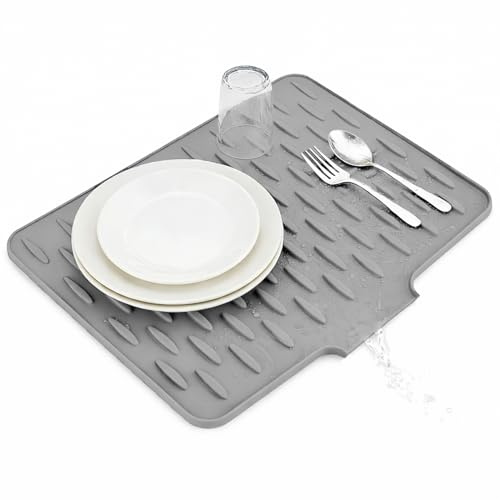 SOQKEEN Tappetino Scolapiatti in Silicone 40x32 cm con Design Inclinato, Sgocciolatoio Antiscivolo per Lavello e Piano Cucina, Resistente al Calore e Facile da Pulire, Grigio Chiaro