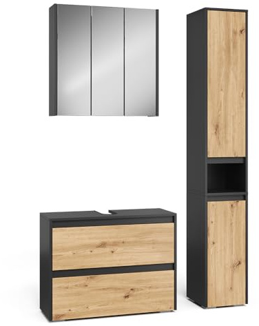 Vicco Juego de Muebles de baño de 3 Piezas Majest, Artesano, 80.1 cm | compuesto por mueble bajo lavabo, espejo con armario y columna de baño