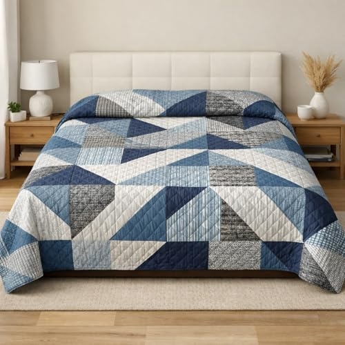 Genérico Colcha Bouti Acolchada Ligera para Cama | Edredón de Verano Suave y Transpirable | Cubrecama Decorativo Disponible en Varios Diseños y Medidas. (Azul, Cama 90, Urban Patch)