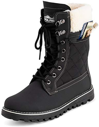 Polar Womens Memory Foam Outside Pocket Inside Zip Thermal Waterproof Deep Tread Rubber Sole Snow Boots - Black/Beige Shearling - UK5/EU38 - YC0617
