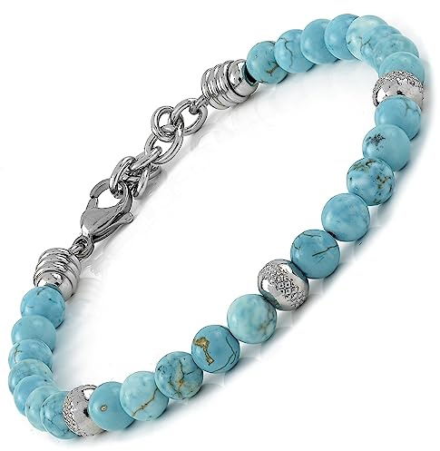 10:10 Bracciale uomo donna con pietre naturale da 6 mm turchese, beads diamantati in acciaio inox anallergico, bracciale per uomo e donna molto resistente prodotto in Italia