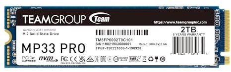 TEAMGROUP MP33 PRO 2TB M.2 PCIe 2280 NVMe 1.3 interne SSD, bis zu 2100 MB/s Gen3x4 Solid State Drive, Terabyte Written TBW> 1.000 TB TM8FPD002T0C101