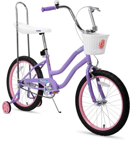 JOYSTAR 20 Inch Girls Bike with Training Wheels, Banana Seat Bicycle for Kids Ages 7-10 Years Old, Kids' Lowrider Bicycle with Front Handbrake and Coaster Brakes, High Rise Handlebar Purple