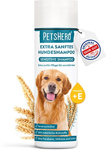PetsHero Hundeshampoo Sensitive gegen Juckreiz und Schuppen 250 ml - für Welpen geeignet - tierversuchsfrei & vegan - Dermatest Sehr gut - Extra sanfte Pflege für Sensible Haut