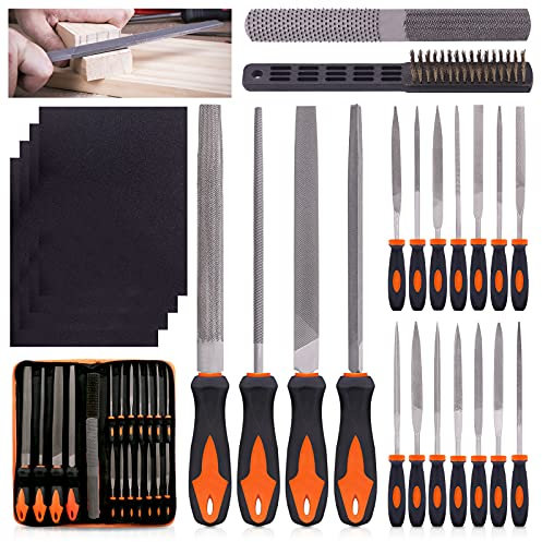 Swpeet Juego de 24 limas de metal con lima de madera 4 en 1 y kit de cepillo de alambre con funda de transporte, limas de aguja, limas planas, lima triangular redonda media redonda para dar forma a