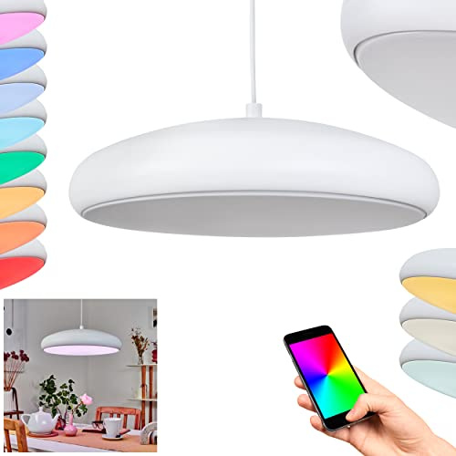 LED-pendellampa Rhone, dimbar pendellampa av metall i vitt, Bluetooth och RGB-färgväxlare, styrs via Smart App, RGB LED 27 Watt, 3400 Lumen, 2700-6500 K