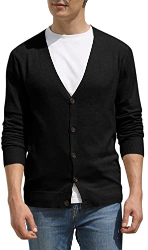 Hisir Men's Knit Cardigans Jumpers Lightweight Classic Soft Wool V Neck Cardigan with Buttons, Long Sleeve Knitwear Pullover Sweaters for Men, Mens Gift (Black, XL)