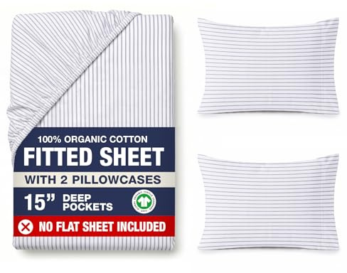 Lane Linen Sängkläder Bäddset, Spännlakan för King Size-sängar, 100 % Ekologisk Bomull, 3-delat Set (1 Dra-på-lakan, 2 Örngott), Lämpligt för Madrasser med ett Djup på upp till 4,8 m, Blå Ränder