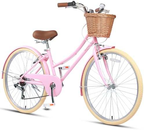 Glerc Missy 26 Pouces Fille Cruiser Adolescente Femme vélo 6 Vitesses vélo Hybride Adolescent pour Les Jeunes de 14 15 16 17 18 19 20 Ans avec Panier en Osier & Poids léger, Rose
