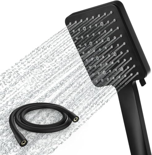 Newentor Duschkopf [TESTSIEGER], Eckig Duschkopf Hochdruck Duschbrause Handbrause mit 6 Strahlarten, Schwarz (mit Schlauch 1,5M)