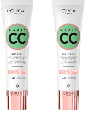 L'Oréal Paris Magic CC Cream 24H Crema Idratante Colore Verde Anti-Rossore Effetto Pelle Vellutata a Lunga Durata 5in1 Universal Shade - 2 Flaconi da 30ml
