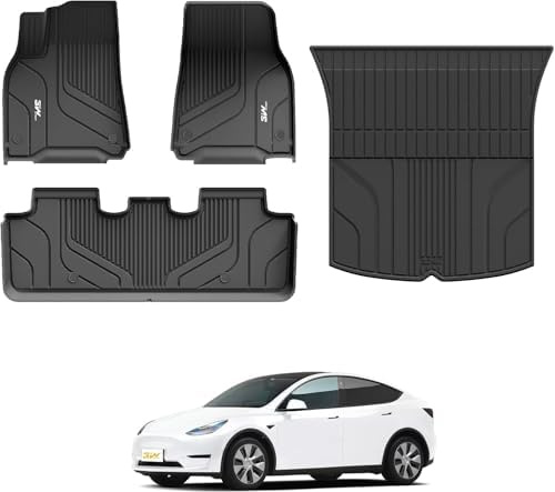 3W Golvmattor & Bagagerumsmatta för Tesla Model Y 2020-2024 | TPE Thorex™ Allväder | 3D Skräddarsydd Passform | Hundvänligt Biltillbehör | Vattentät & Reptålig | Antislip