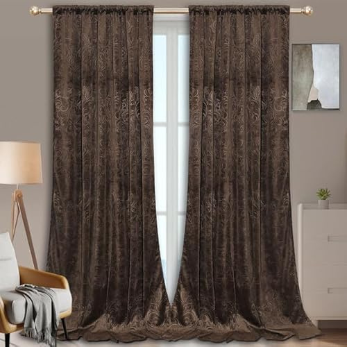 Rosnek 2 Stück übergardinen mit kräuselband,H225xB132CM Luxus Vorhang Samt Gardinen Blickdicht Thermovorhang mit Multifunktionsband,Verdunkelungsvorhang Barock Deko,Dunkelbraun