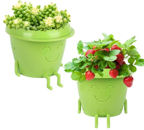 Niedlicher Kunststoff-Topf, 2 Stück, Blumentöpfe, 8,9 cm, Übertopf mit Drainage, lustige Blumentöpfe für Zimmerpflanzen, einzigartiger Indoor-Pflanzgefäß für Kugel, Kaktus, Veilchen, Kräuter,