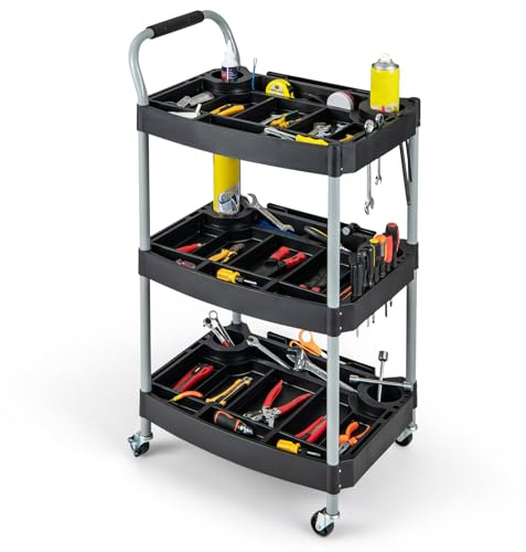 COSTWAY Carrello per Utensili a 3 piani, Carrello Porta Attrezzi su ruotedi Bloccaggio,Capacità 45kg, Organizzatore di strumenti con Pannelli Ben Divisi, per garage per officina per accessori