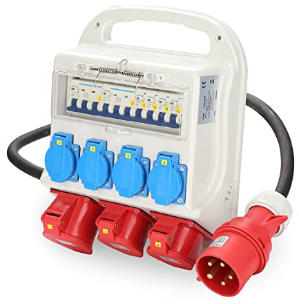 Joparri Distributore di Corrente da Costruzione 32 A, 2 x CEE 400 V/16 A, 1 x CEE 400 V/32 A, 5 Poli, 4 x 230 V (Schuko), Distribuzione dell'Alimentazione Con Presa Schuko