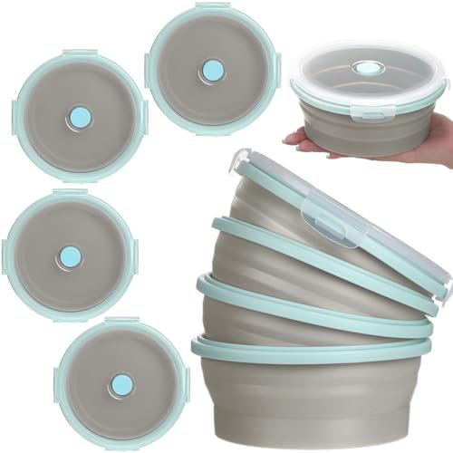 Suclain 4 cuencos de camping con tapa, plegables de silicona, fiambrera, ensalada, contenedor de almacenamiento de alimentos, cuenco plegable de viaje para senderismo, campamento (borde azul, gris, 17