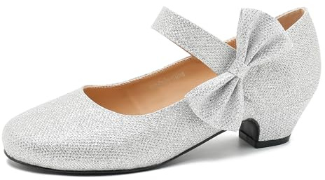 Peijely Women's Bow Mary Jane Dress Pumps, Low Block Heel with Bow, Side Bowknot, Round Toe Wedding Shoes Silver Glitter 40 - US 9