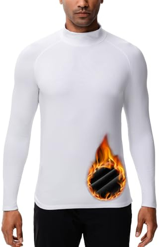 HUGE SPORTS Camiseta interior térmica para hombre, forro polar, manga larga, ropa interior funcional para esquí de invierno, Cuello alto blanco, M