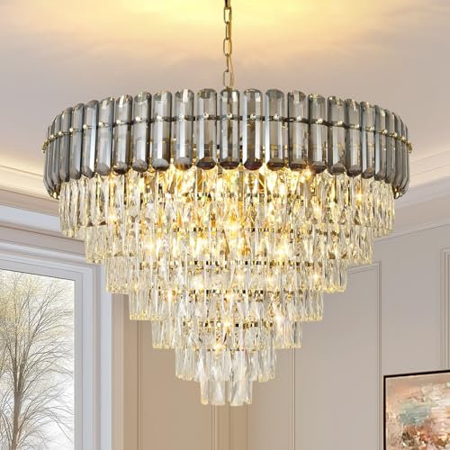 AOOCHOK Modern Black Crystal Chandelier, Luxury Pendant Lights Fixture, Round Crystal Hanging Lamp for Living Room, Dining Room, Bedroom, Kitchen Island, Φ80cm
