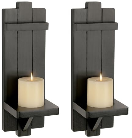 BSTKEY 2 Packs Wooden Wall Mounted Candle Holder Hanging Candle Sconces, Decorative Wall Pillar Candle Stand Farmhouse Sconces for Bathroom Living Room (Black)