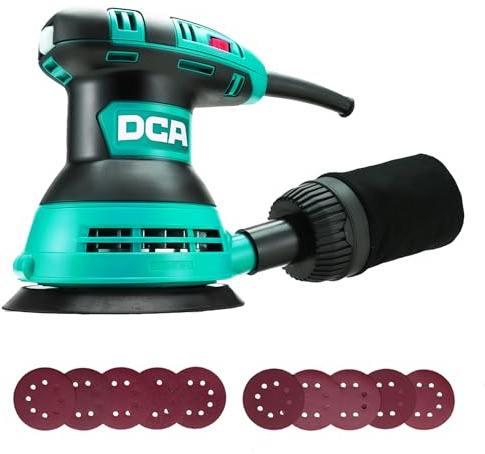 DCA Ponceuse Excentrique 300W, 6 Vitesses 12000RPM Ponceuse Orbitale, avec 0.3L Collecteur de Poussière, 10Pcs 125MM Disque Abrasif pour Surfaces en Bois et Acier, Ponçage et Polissage du Bois, DIY