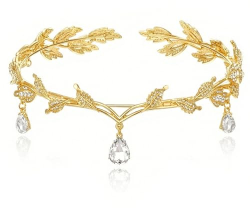ZhouWei Älvor huvudbonad, blad bröllop tiara krona med strass, huvudbonad elfenkrona med bladformad design, älvor hårsmycke, brud tiara, för bröllop brud temafest, En Storlek , Icke-ädel metall