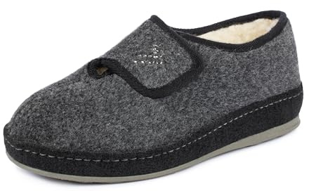SCHAWOS Johanna - Pantofole da donna in feltro, foderate in lana vergine antiscivolo, chiusura in velcro, grigio., 36 EU