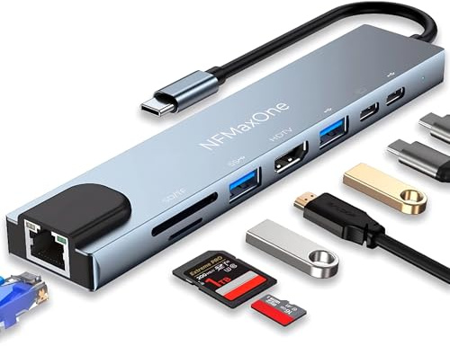 8-i-1 USB C Gigabit Ethernet HDMI 4K 60Hz med PD 100 W typ C 3.2-adapter kompatibel med MacBook Air, Pro iPad, iPhone 16 Plus MAX, Surface, Galaxy Tab S9, Galaxy S24 Ultra, Surface, 10Gbps.8en1